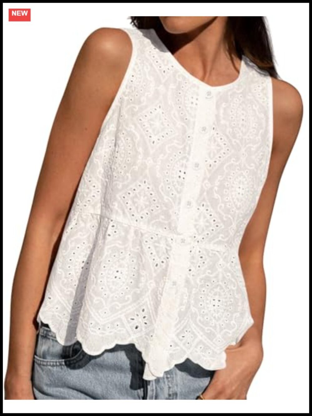 Embroidered Eyelet Peplum Tank Top Women Sleeveless Cotton Button Down